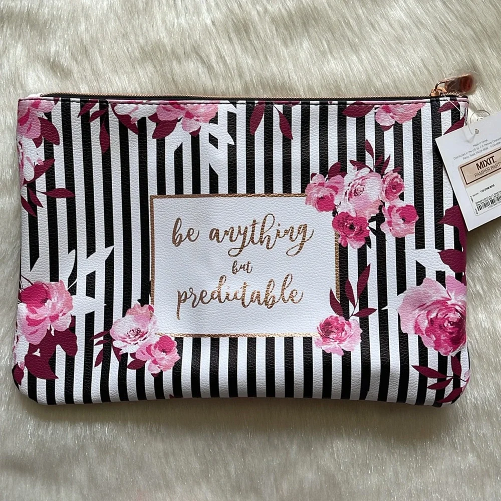 Be Anything But Predictable Multicolor Floral Striped Travel Makeup Cosmetic Bag